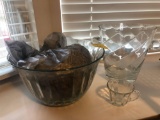Punch bowl set and ice bucket, glass bowl