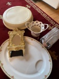 Lenox basket, beaded lamp, mirror frame, Limoges France platter, does have chip