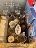 Punch bowl, frames, religious figures, towel crystal candlesticks, salt and Pepper shaker, cups