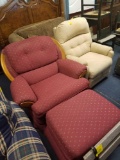Upholstered recliner and wood framed chair with ottoman