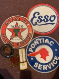 3 metal signs, Pontiac, Texaco, Esso, Sunoco, ashtrays