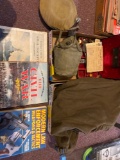 Military books, uniform, canteens, war ration book