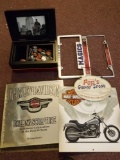 Harley Davidson book, dresser box, calendar, license plate holders