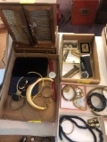 Jewelry box, 3 flats jewelry, coins
