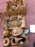 3 boxes molding planes, oil cans, hand crank sharpeners