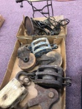 Barn police, brass teapot stand, sewing machine foot pedal, cherry seeder, ice tongs and lamp parts