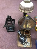 2 lamps, birdcage, plates, pottery, etc