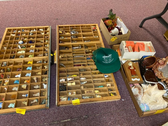 2 display drawers with small collectibles, Mosser glass clowns,