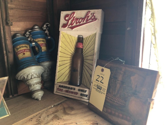 Stroh's and Hudepohl beer signs and wood ship sign