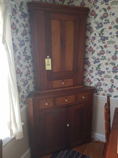 2 piece step back corner cupboard with burl drawers