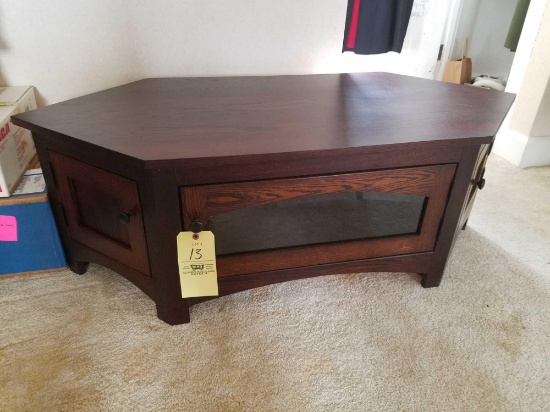 Modern shaker corner TV stand, rich tobacco finish, custom Amish made from Orville