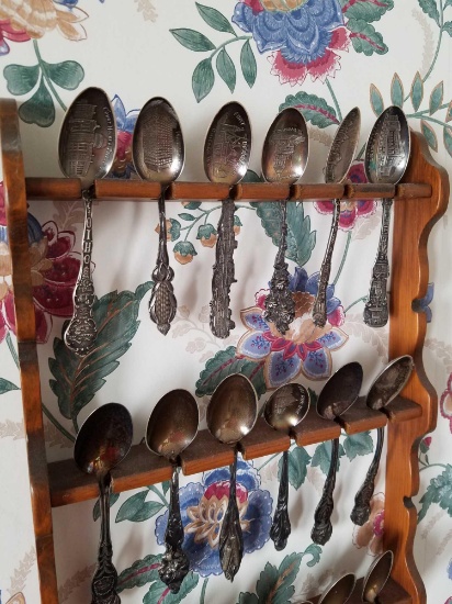 Silverplate souvenir spoons with holder, 18 total, wood shelf