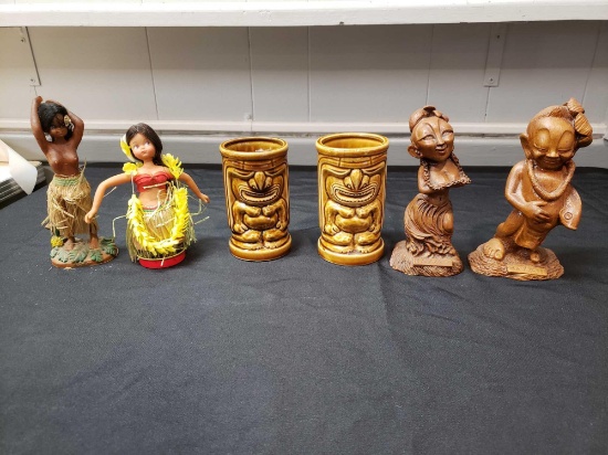 Hawaiian tiki mugs, hula girl, wood figurines