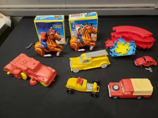 Auburn rubber cars, windup cowboy and Indian in box, VW by Ideal