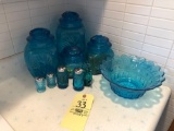 Blue Glass Canister Set, Salt and Pepper Shakers, Large Bowl