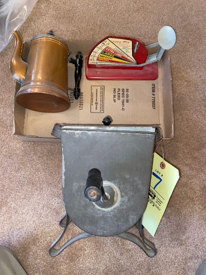 Egg scale, tin churn, copper tea pot