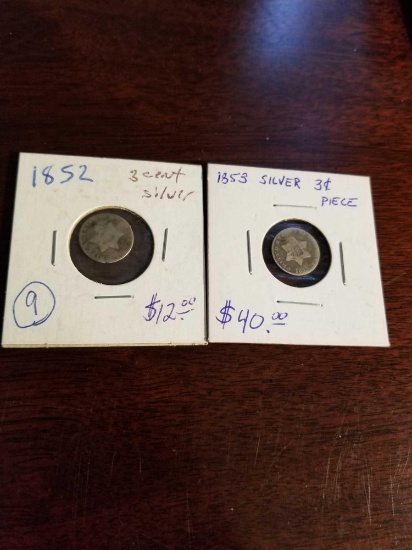 3 cent pieces, 1852, '53. Bid x 2