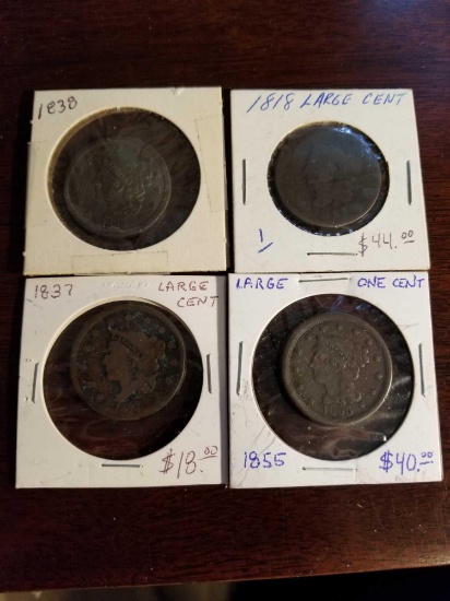 Large cents, 1818, '37, '38, '55. Bid x 4