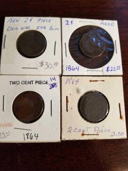 2 cent pieces, all 1864, bid x 4
