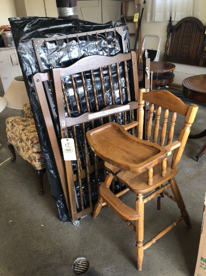 Maple high chair and baby crib