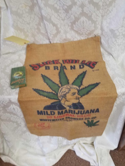 Slick willie marijuana burlap sack, papers