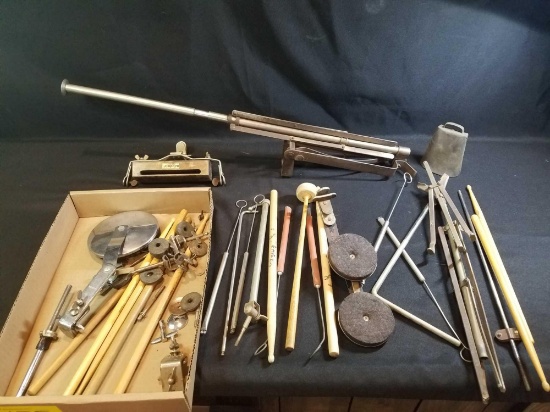 Box lot of drum accessories, sticks, holders, hardware