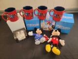 (4) Disney Mugs, Mickey Stuffed Animals, Business Card Holder