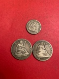 (2) seated half dollars, (1) seated 1853 quarter