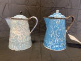 Pair of blue graniteware coffee pots - 10inch tall
