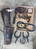 Leather gaiters, horse show hangers, belt buckle, misc