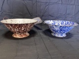 Blue and brown swirl graniteware colanders