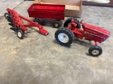 Ertl toy tractor, plow, wagon