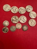 8 worn liberty quarters, 5 worn silver dimes