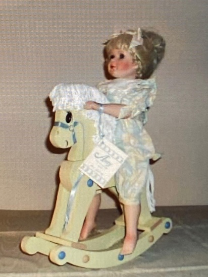 Hamilton Heritage "Amy" porcelain doll on rocking horse by Jane Zidjunas, original box.