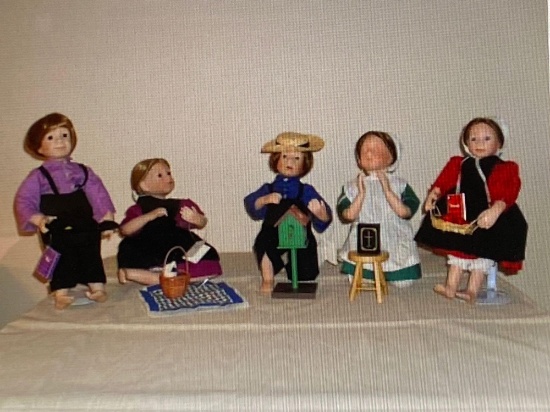 Set of five "Amish Blessings" porcelain dolls by Julie Good Kruger, 1990-1993.