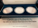 1994 U. S. Veterans Commemorative silver dollars, 3-coin uncirculated set.