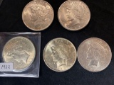 (5) Peace dollars (two 1922, two 1923, 1925). Bid times five.