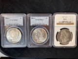 (3) Morgan silver dollars (1880-S, 1881-S, 1881-O), all graded MS60 to MS63. Bid times three.