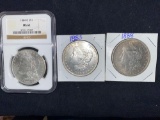 (3) Morgan silver dollars (1884-O, 1885, 1888). Bid times three.