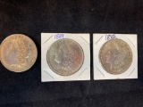 (3) Morgan silver dollars (1887, 1889, 1892). Bid times three.