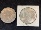 (2) Morgan silver dollars (1897, 1921). Bid times two.