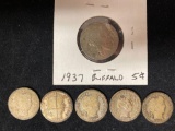 (5) Barber dimes (1909, 1911, 1913, 1915, worn date) & 1937 Buffalo nickel.