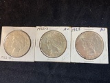 (3) Peace silver dollars (1922-D, 1922-S, 1923). Bid times three.