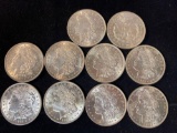 (10) 1921 Morgan silver dollars, AU+ grade. Bid times ten.
