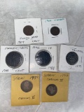 (7) Coins: 1772 & 1782 Spain, (2) 1788 Massachusetts cents, Tripoil, 1904 Indian Head cent, 1906 V