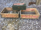 Three wood boxes/crates and old bottles