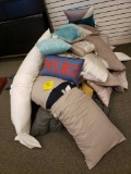 Assorted decorative throw pillows, body pillows, comforter