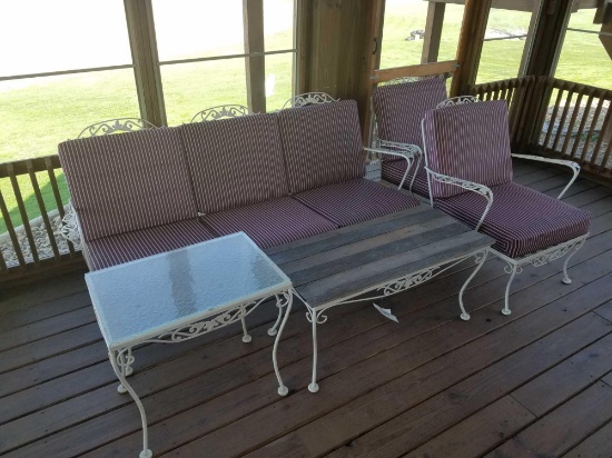 5 piece patio set, sofa, 2 chairs, coffee and end table