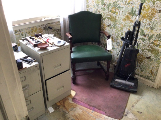 2 File Cabinets, Green Arm Chair, Vacuum