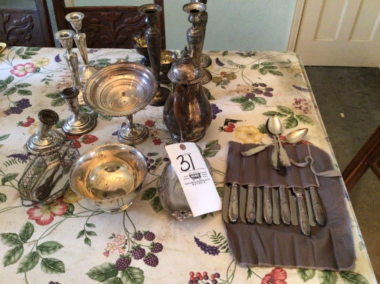Sterling Silver Candlesticks, pitcher, serving bowls & Coin flatware